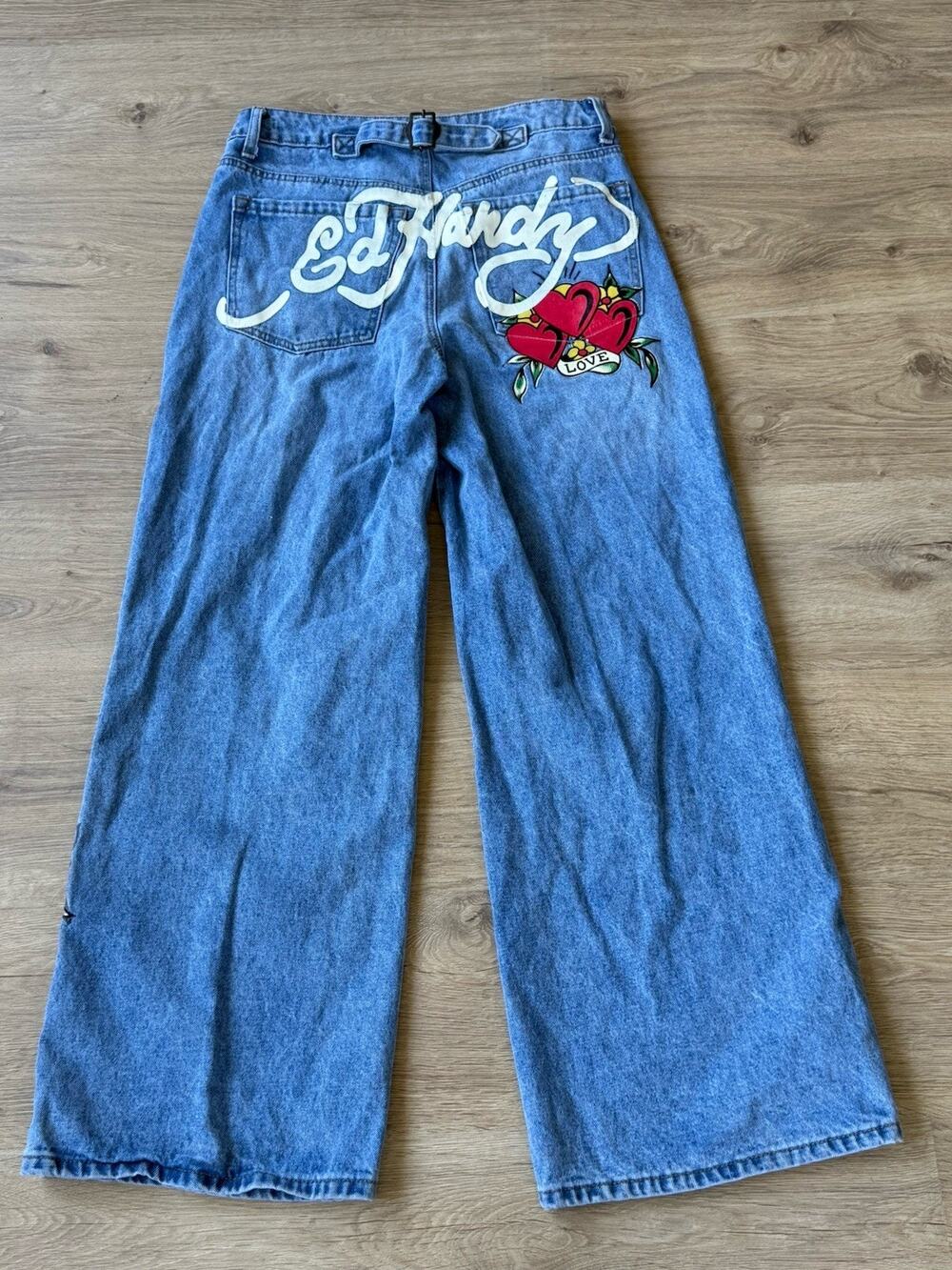 Ed Hardy Heart Dagger Love Wide Leg Loose Fit Retro Light Jeans Women’s Size 28